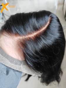 X-tress <span class=keywords><strong>L</strong></span> phần glueless HD ren phía trước tóc giả tự nhiên màu đen ngắn thẳng tẩy trắng knots tóc con người Pre ngắt cho phụ nữ da đen - Product Image 6