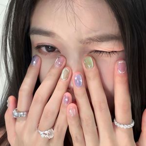 10 faux ongles à presser faits main, effet œil de chat aurore <span class=keywords><strong>pastel</strong></span>, avec strass étoiles, dégradé pailleté rose vert violet, amovibles - Product Image 3