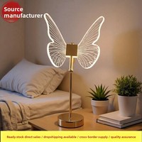 Lampe de table papillon en acrylique métallique moderne et minimaliste de luxe - Alimentation USB, intensité réglable, idéale pour les chambres de filles, les hôtels et les salles à manger