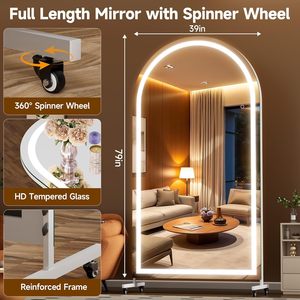 Miroir arqué pleine longueur avec éclairage LED et rotation à 360° °   Miroir sur roulettes HD en <span class=keywords><strong>verre</strong></span> trempé pleine longueur pour salle de sport à domicile - Product Image 2