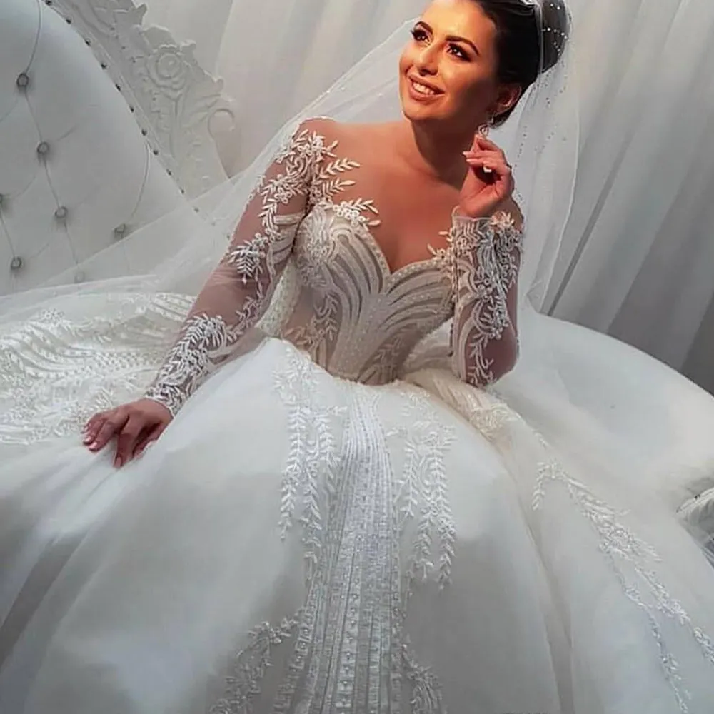 Gaun Pengantin Putih Vestidos De Noiva 2022 Buatan Khusus Gaun Pesta Lengan Panjang Ukuran Plus Gaun Pengantin Bride