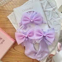 Ensemble de chaussettes et bonnet en coton pour nouveau-né, chaussettes pour bébés filles, couleur unie, avec nœud en dentelle, chaussettes mi-hautes pour bébé