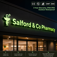 Enseigne de porte personnalisée avec logo de pharmacie éclairé par LED pour les entreprises, avec LED haute luminosité étanche IP67 et transformateur de marque CE/UL