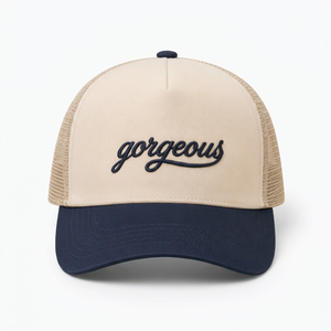 Gorra Trucker Personalizada al por Mayor, Bordada, Beige y Azul Marino, Malla, Perfil Alto, 5 Paneles, Visera Curva, Alta Calidad, Unisex - Product Image 1
