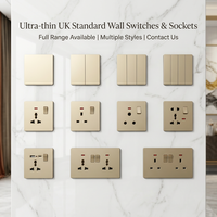 Prise murale ultra-fine en PC doré ignifuge, série complète conforme aux normes britanniques pour projets résidentiels et hôteliers