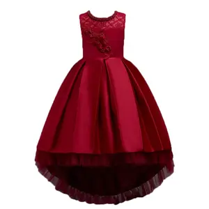 Vestido infantil formal de design de verão, vestido formal de festa de aniversário recém-nascido, renda de cetim com flor menina, modelo de criança