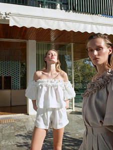 Blusa de Lino Transpirable para Mujer, Estilo Vintage, Color Sólido, con Volantes, Manga Corta, Sin Tirantes, Estilo Retro, con Mangas Abullonadas - Product Image 3