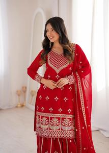 Conjunto de Dupatta y Pantalón Plazzo de Seda Bordada en Rojo para Mujer, Traje Indio Pakistaní para Bodas y Fiestas - Product Image 3