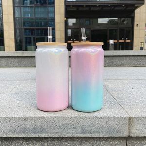Vasos de Vidrio con Tapa y Pajita para Refrescos, Cerveza y Café, de 15oz y 16oz, Blancos, Rosados, con Brillo, Efecto Ombre y Purpurina, para Sublimación - Product Image 4