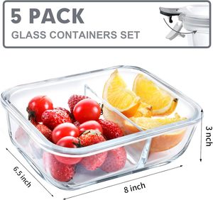 5個セット ガラス製ミールプレップ容器 2コンパートメントセット 1040ml 密閉ガラス食品保存容器 蓋付き、電子レンジ・オーブン対応 - Product Image 2