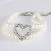 Collier pour animaux de compagnie avec pendentif cœur d'amour, joli collier à double rangée de perles pour chien et chat