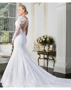 Robes de Mariée Sirène à Manches Longues et Col Rond avec Dos Illusion Transparent - Product Image 6