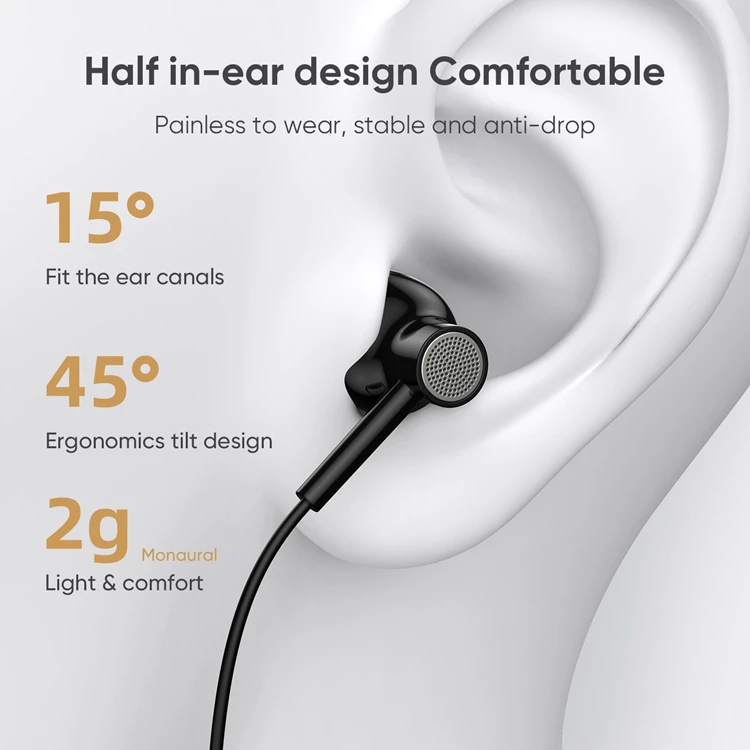 Joyroom Half-In-Ear Wired Earphone JR-EC01 14.2mm Speaker Best Type-C Mobile Phone Headphones