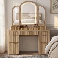Coiffeuse minimaliste pour chambre à coucher avec miroir éclairé à trois volets, 52,76 po de large, en MDF durable
