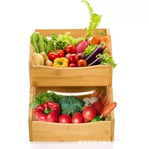 <b>Bamboo</b> Storage <b>Basket</b> Double Layer Stackable Rectangle Kitchen Vegetable Fruit Organizer Neatening Storage Box - Product Image 1