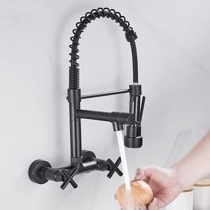 Design moderno <span class=keywords><strong>rubinetto</strong></span> da <span class=keywords><strong>cucina</strong></span> con montaggio a parete in ottone nero a doppia croce 360 ° di rotazione doppio foro caldo e freddo primavera <span class=keywords><strong>rubinetto</strong></span> lavello - Product Image 3