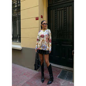 Suéter de Punto con Cuello Redondo y Estampado para Mujer, Manga Larga, Color Crema, Otoño, Casual, Antipilling - Product Image 1