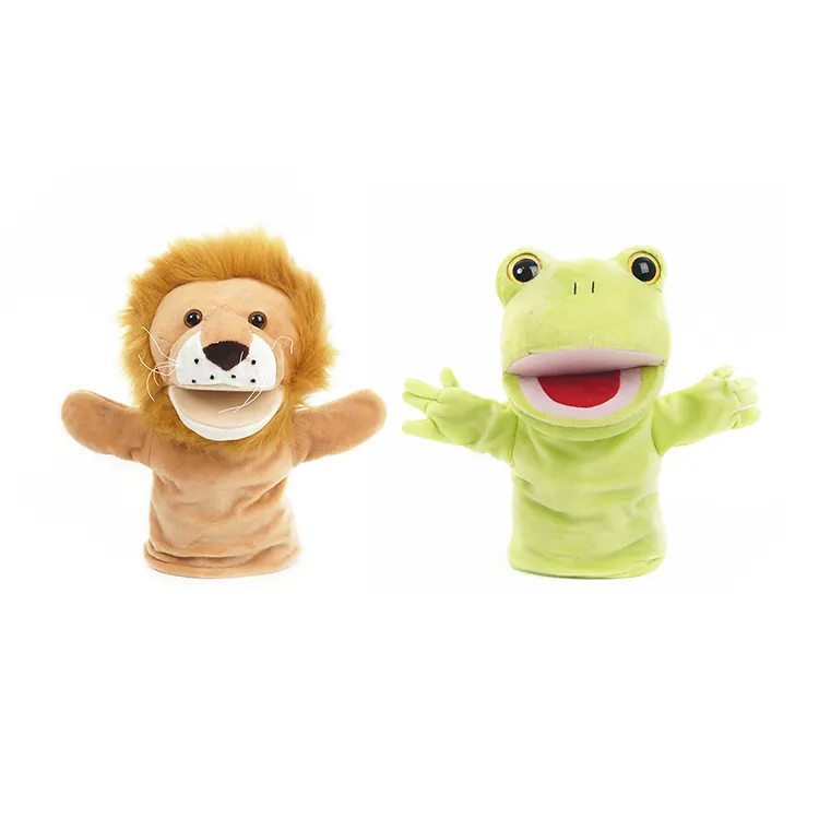 cheap wholesale kids toy realistic animal lion & frog plush stuff hand puppet