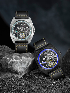 PINDU Sports <b>Mechanical</b> Style Men's Skeleton Automatic <b>Mechanical</b> <b>Watch</b> Square Case Tourbillon Luminous Leather Strap - Product Image 6