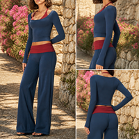 Ensemble de sport 2 pièces colorblock pour femme, directement de l'usine : haut à manches longues superposé et pantalon large à taille repliable, OEM