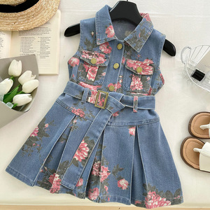 Vestido de Mezclilla de Verano para Niñas de 3 a 8 Años, con Hermosas Flores, Sin Mangas, <span class=keywords><strong>Falda</strong></span> de Mezclilla, Conjunto de Una Pieza - Product Image 1