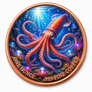Moneta Personalizzata in Rame Puro .999 da 1oz, Stampa UV di Calamaro Gigante, Collezione Fauna Marina, Produzione OEM - Product Image 2