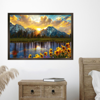 Impression sur toile encadrée prête à accrocher, Art mural en verre Grand Teton Park, Paysage montagneux avec tournesol, Verre trempé