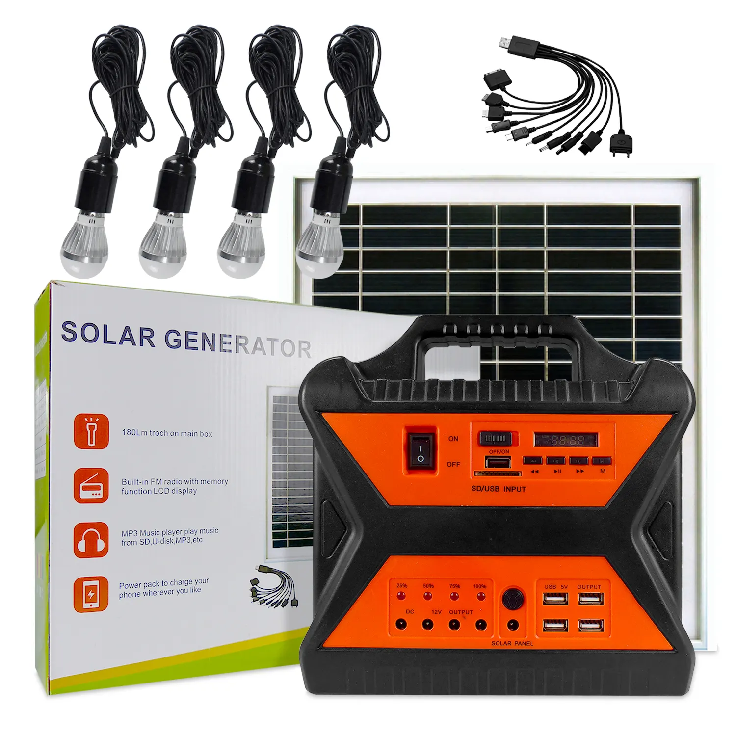Mini generador solar pequeño portátil 12V DC 10W batería de litio sistema de energía Solar con Radio y bombillas LED para iluminación del hogar