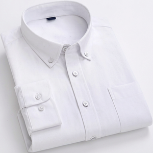 Camisa de Hombre Blanca de Manga Larga con Botones, Cuello Clásico, Bolsillo en el Pecho, Color Sólido, 100% Algodón Pakistaní, Formal de Verano - Product Image 1