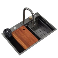Évier de cuisine multifonctionnel en acier inoxydable noir à cuve unique avec robinet cascade, style cascade