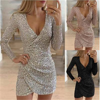 Gaun Glitter Perak Seksi untuk Wanita Gaun Bodycon Payet Leher V Dalam Gaun Pesta Lengan Panjang Musim Gugur Musim Dingin