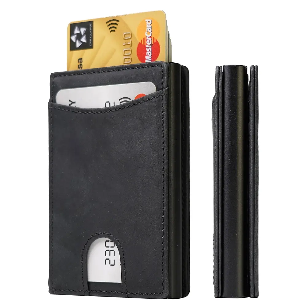 2024 New design leather pop up wallet front pocket smart card holder PU leather aluminum wallet for men
