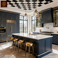 Armoires de cuisine de luxe de style américain, en bois massif, modulaires, haut de gamme, bleu marine, avec îlot central