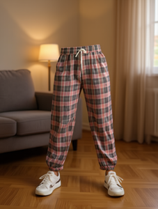 J707 Pantaloni Harem da Donna in Flanella a Quadri, Vita Alta, Vestibilità Ampia, Lunghezza Intera, con Coulisse, Casual, in Cotone, per Autunno, con Tasche - Product Image 2