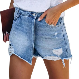 Yuhong 2026 Nuevo Estilo Verano Superventas Vintage Ecológico Casual Vaqueros Cortos Lavados con Agujeros Azul Claro para Mujer - Product Image 1
