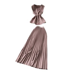 Ensembles décontractés d'été pour femmes, tissés unis, comprenant un haut tunique sans manches à col rond avec liens et une jupe midi taille haute, infroissables et écologiques - Product Image 5