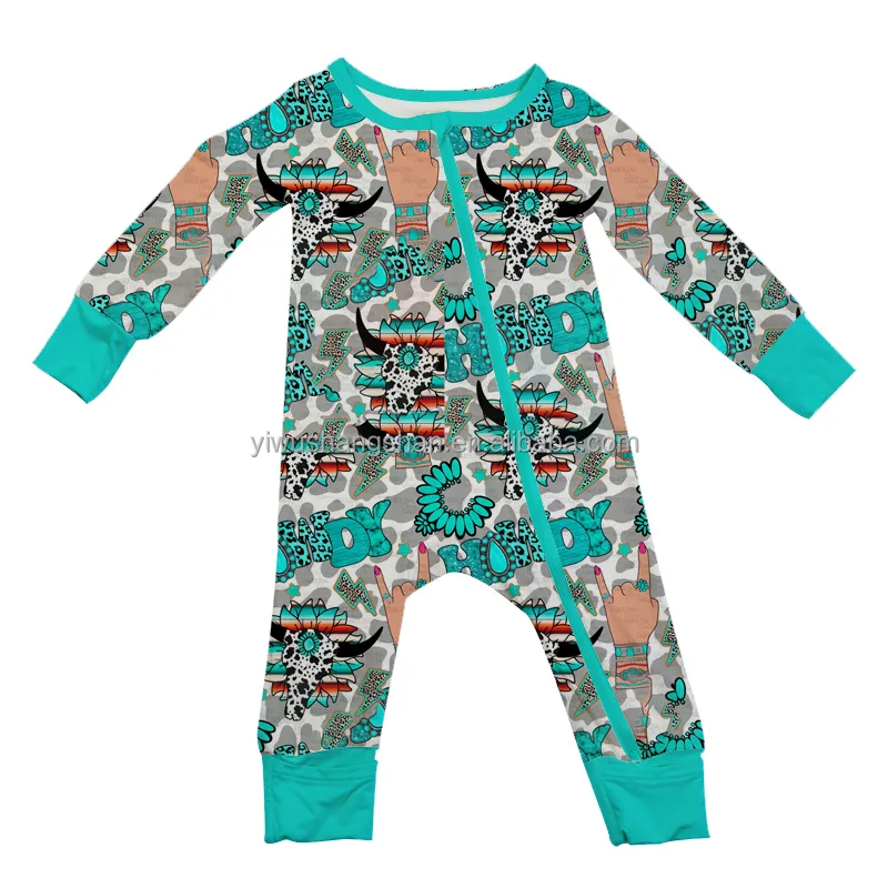 Hot Ins Baby Unisex Rits Pyjama Romper Bamboe Viscose Stof Howdy Turkoois Bedrukt Pasgeboren Cabriolet Handen Voeten Slapen