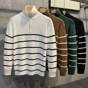 Fabriek Groothandel Hoge Kwaliteit Losse Gebreide Trui Koreaanse-Stijl Off-Shoulder Trui Retro Color Block Gestreepte Trui Voor Mannen