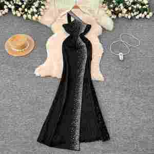 Vestido Midi Bodycon Casual con Abertura Sexy, Estampado Digital, Tejido Ecológico, Lavable, para Mujer, Cintura Imperio, Negro, Fiesta, Invierno - Product Image 1