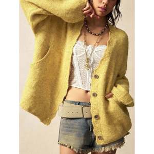 Fuzzy V Neck <b>Pocket</b> <b>Cardigan</b> Apricot Women's <b>Cardigans</b> - Product Image 1