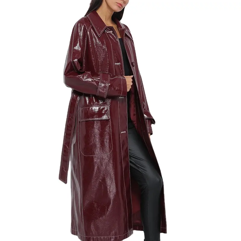2022 Spring Winter Autumn Fashion Trench Women's Slim Motorcycle Long Slim Pu Leather Coat with Belt for Ladies