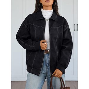 Womens PU Leather Bomber Jacket Oversized Full Sleeve Plus Size Zip Up Motorcycle Style Fall <b>Winter</b> Outerwear - Product Image 2