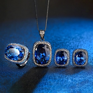 High Quality Eco-friendly Copper 13*18MM Blue Cubic Zirconia Black Gold Plated <b>Necklaces</b> Earrings Set <b>Statement</b> Jewelry Sets - Product Image 3