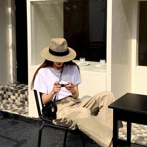 Openwork <b>Flat</b> Brim Panama <b>Hat</b> For Women Summer Straw <b>Hat</b> Beige Black Brown Toquilla Material Travel Beach Outing - Product Image 3