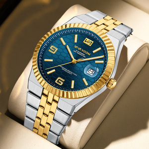 Montre mécanique automatique de luxe pour homme, design haut de gamme, lunette cannelée, cadran texturé bleu clair, montre de luxe pour affaires - Product Image 5