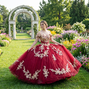 Vestidos <span class=keywords><strong>de</strong></span> Quinceañera Rojos y Dorados Wc043 con Apliques <span class=keywords><strong>de</strong></span> Encaje, Estilo Charro Mexicano, Dulce Quince, Jancember - Product Image 1