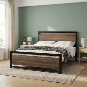 Lit en métal robuste avec revêtement en bois d'ingénierie, support de cadre de lit 25x25cm, matelas rebondissant, tête de lit 30x60cm, couleur Trng - Product Image 3
