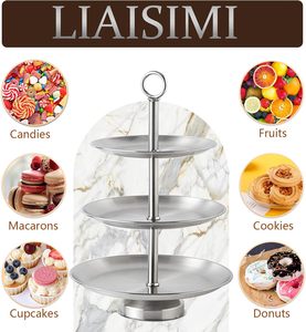 Suporte de Cupcake de Metal Prateado de 3 Camadas, Bandeja para Servir Bolo de Aço Inoxidável, Torre Segura para Forno, Reutilizável e Ecológico Sustentável - Product Image 4