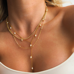 Minimalist Freshwater Pearl Pendant <strong>Necklace</strong> Bridesmaid Jewelry Dainty 18K Gold Plated Stainless Steel Chain Layered <strong>Y</strong> <strong>Necklace</strong> - Product Image 4