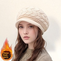 Topi Rajut Jacquard Musim Dingin untuk Wanita Lansia Paruh Baya Berlapis Bulu Tebal Hangat Pelindung Telinga Baret Warna Solid Geometris